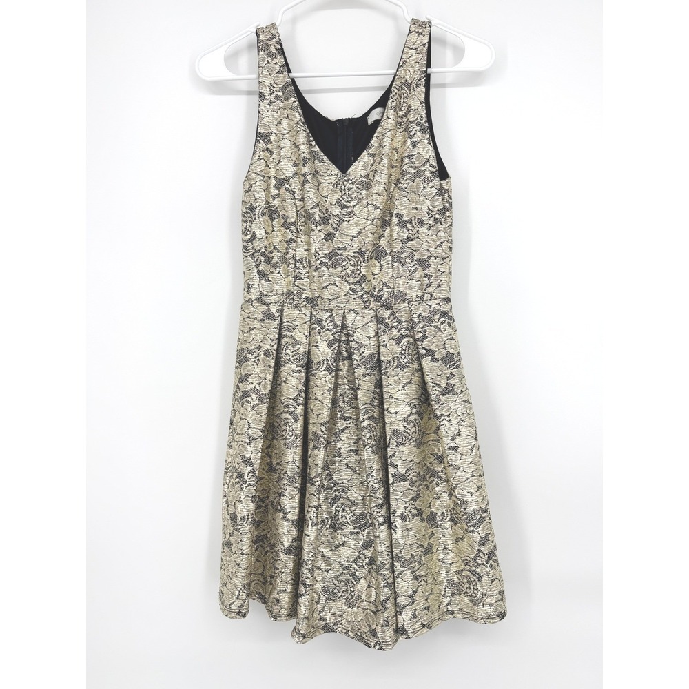 Modcloth Jessy B Gold Metallic Floral Lace Fit and Flare Dress Small Made in USA
